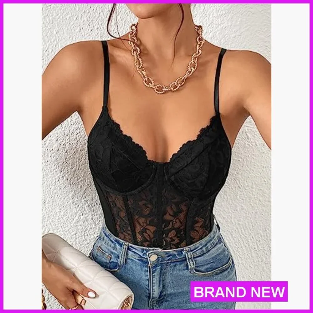 Sheer Mesh Lace Bustier Bodysuit Slim Fit Y2K Chic Shapewear Corset Top